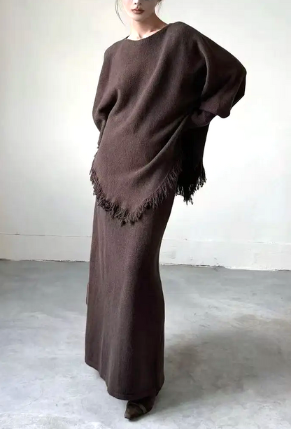 LARA - Cozy Chic Knit Set with Skirt and Fringed Poncho