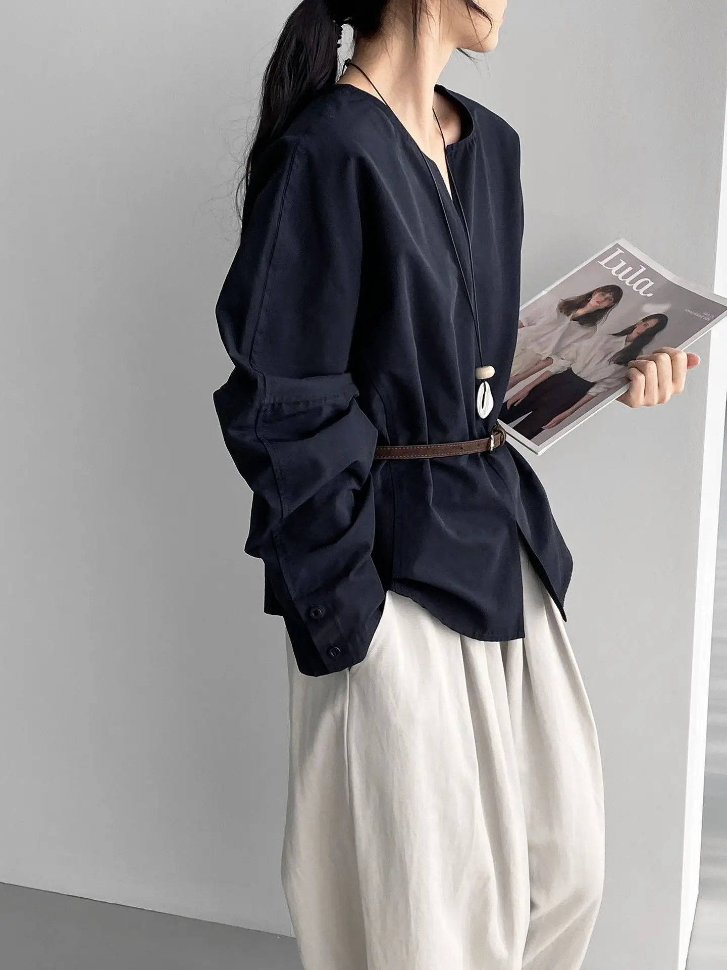 TINA - Minimalist Long-Sleeve Blouse with Belted Waist