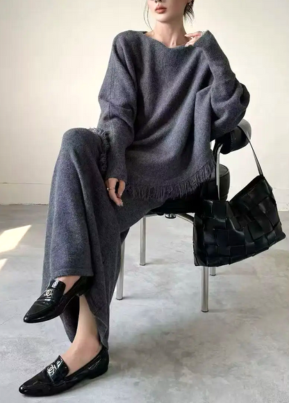 LARA - Cozy Chic Knit Set with Skirt and Fringed Poncho