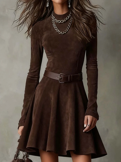 OLGA - Brown Suede Long-Sleeve Flared Mini Dress
