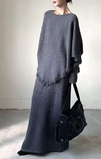 LARA - Cozy Chic Knit Set with Skirt and Fringed Poncho