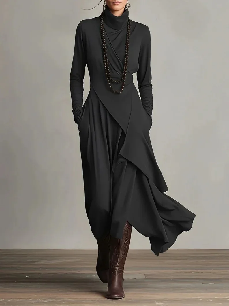STELLA - Elegant Turtleneck Maxi Dress – Asymmetrical Layered Hem – Long Sleeve Fall/Winter Dress with Pockets
