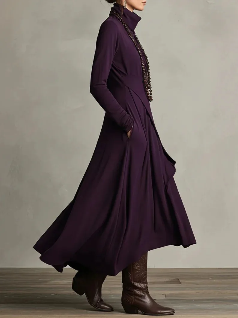 STELLA - Elegant Turtleneck Maxi Dress – Asymmetrical Layered Hem – Long Sleeve Fall/Winter Dress with Pockets