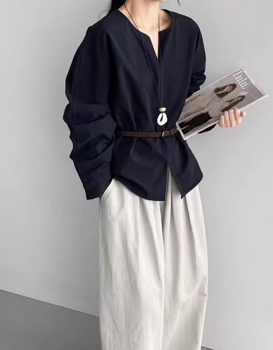 TINA - Minimalist Long-Sleeve Blouse with Belted Waist