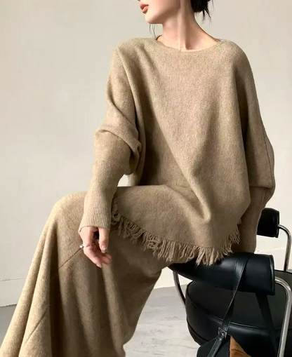 LARA - Cozy Chic Knit Set with Skirt and Fringed Poncho