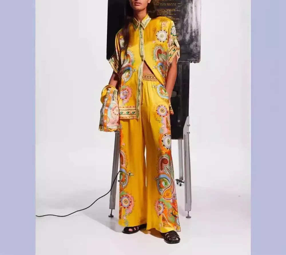 ELISA - Boho Luxe Printed Silk-Feel Set – Shirt & Wide-Leg Pants (Limited Edition)