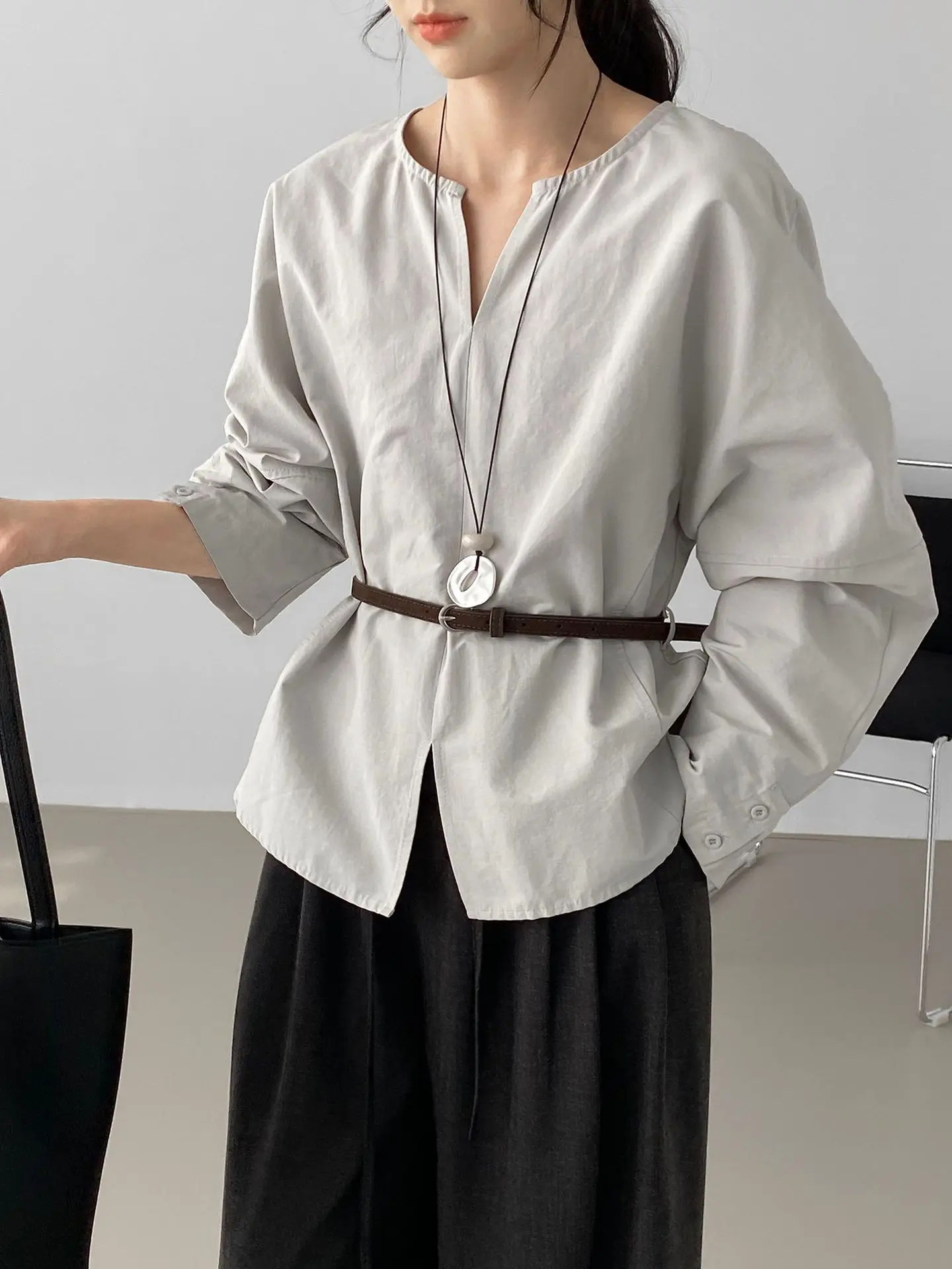 TINA - Minimalist Long-Sleeve Blouse with Belted Waist