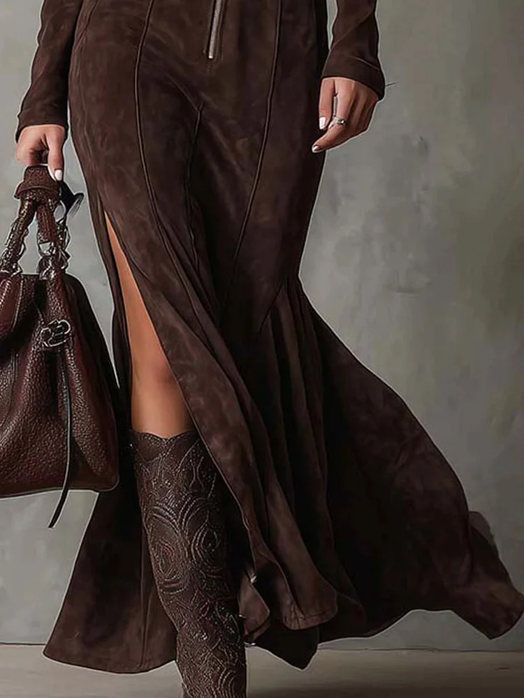 MONICA - Elegant Brown Suede Maxi Dress