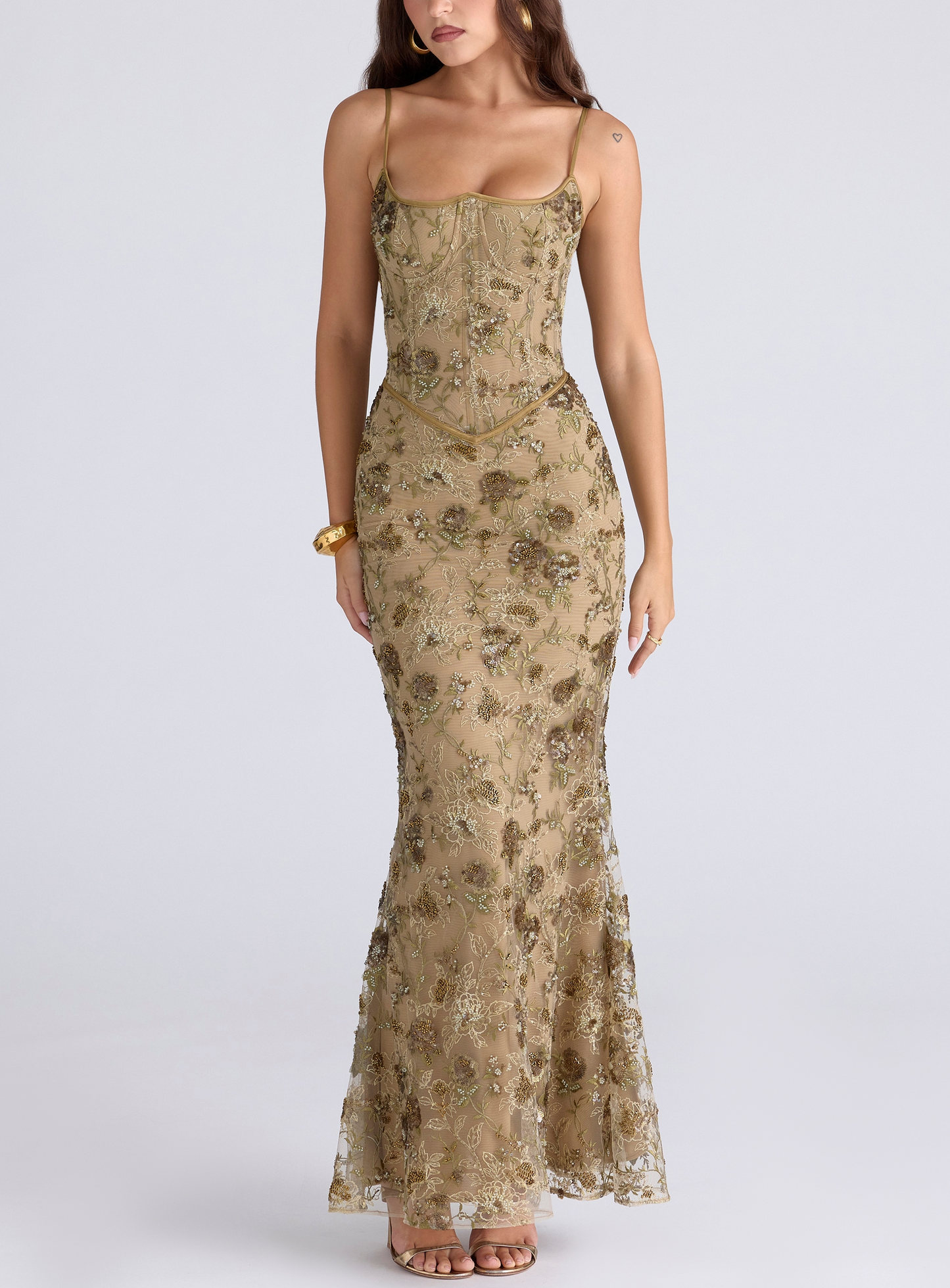 Lola - Embroidered Gold Mesh Corset Gown
