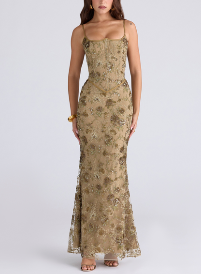 Lola - Embroidered Gold Mesh Corset Gown