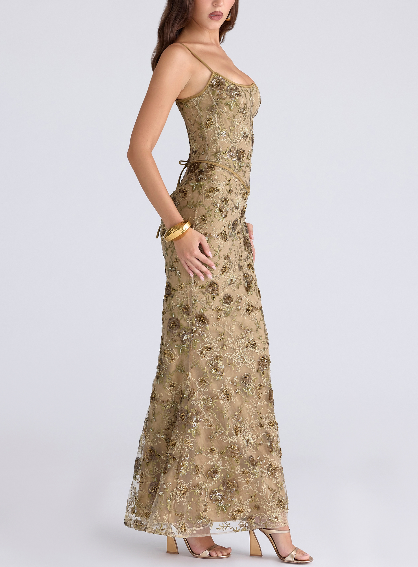 Lola - Embroidered Gold Mesh Corset Gown