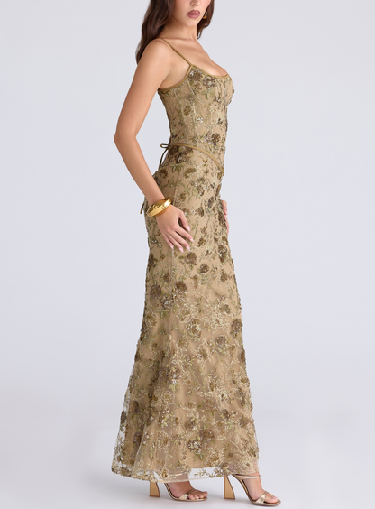 Lola - Embroidered Gold Mesh Corset Gown
