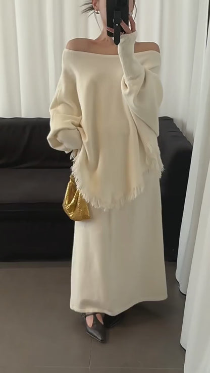 LARA - Cozy Chic Knit Set with Skirt and Fringed Poncho