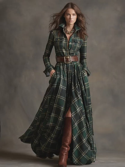 MARIA - Plaid Maxi Shirt Dress – Vintage-Inspired Long Dress with Button Front (Belt Not Included)