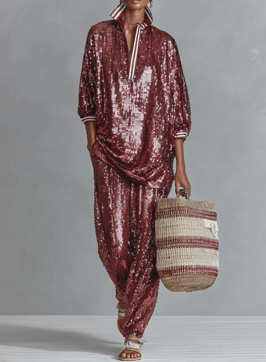 ELENA - Sequin Relaxed Set in Ruby Red