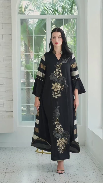 LUDO - Elegant Black Kaftan Maxi Dress with Gold Floral Embroidery and Flared Sleeves