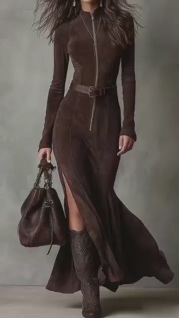 MONICA - Elegant Brown Suede Maxi Dress